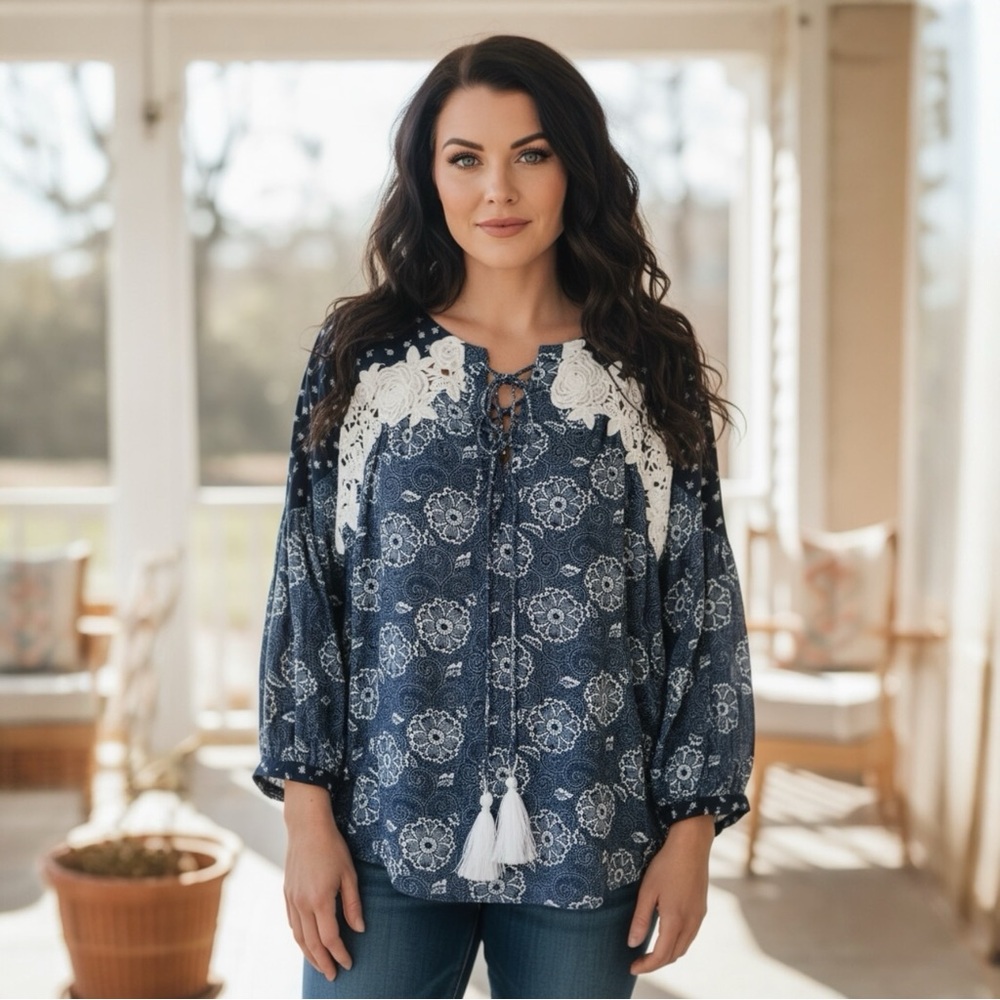 LOFT Crochet Lace Appliqué Blouse 100% Rayon Lightweight Floral Tassel Top XL